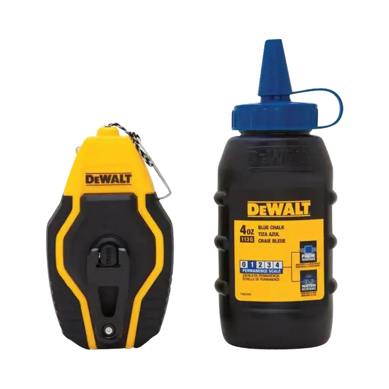 A Go Build Compact Chalk Reel Kit with Blue Chalk is shown beside a matching blue-capped bottle. Both feature a sealed gear system for durability and are ideal for marking straight lines on surfaces.